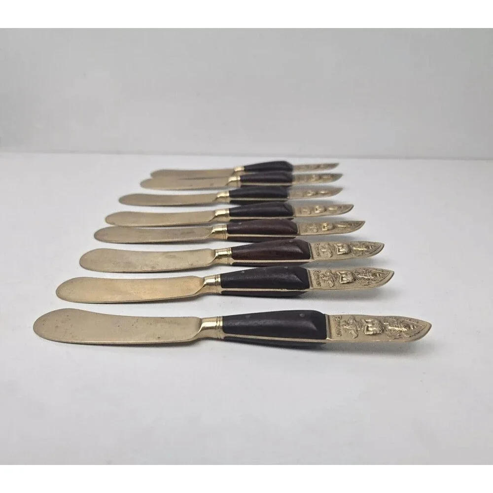 Vintage 8 Cheese Spreader Knives Buddha Bronze Brass Rosewood Siam Thailand 6” - Picture 7 of 13